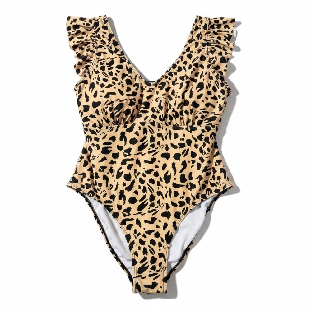 Womens‎ 3XL Tan Leopard Print One Piece Swimsuit Ruffle Shoulder Boho Casual